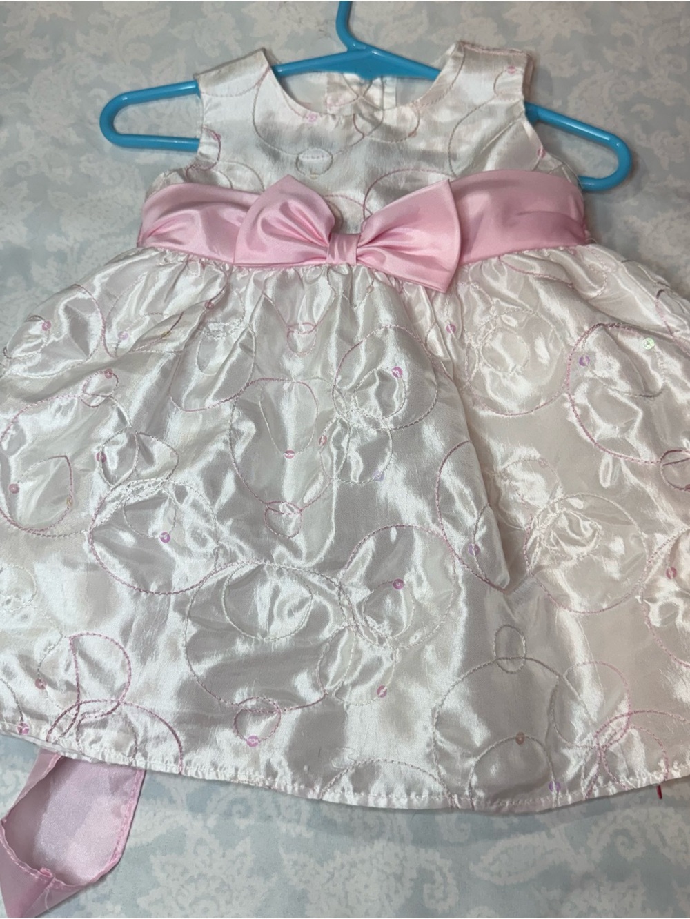 La Princess White Satin Dress with Pink Bow Accent